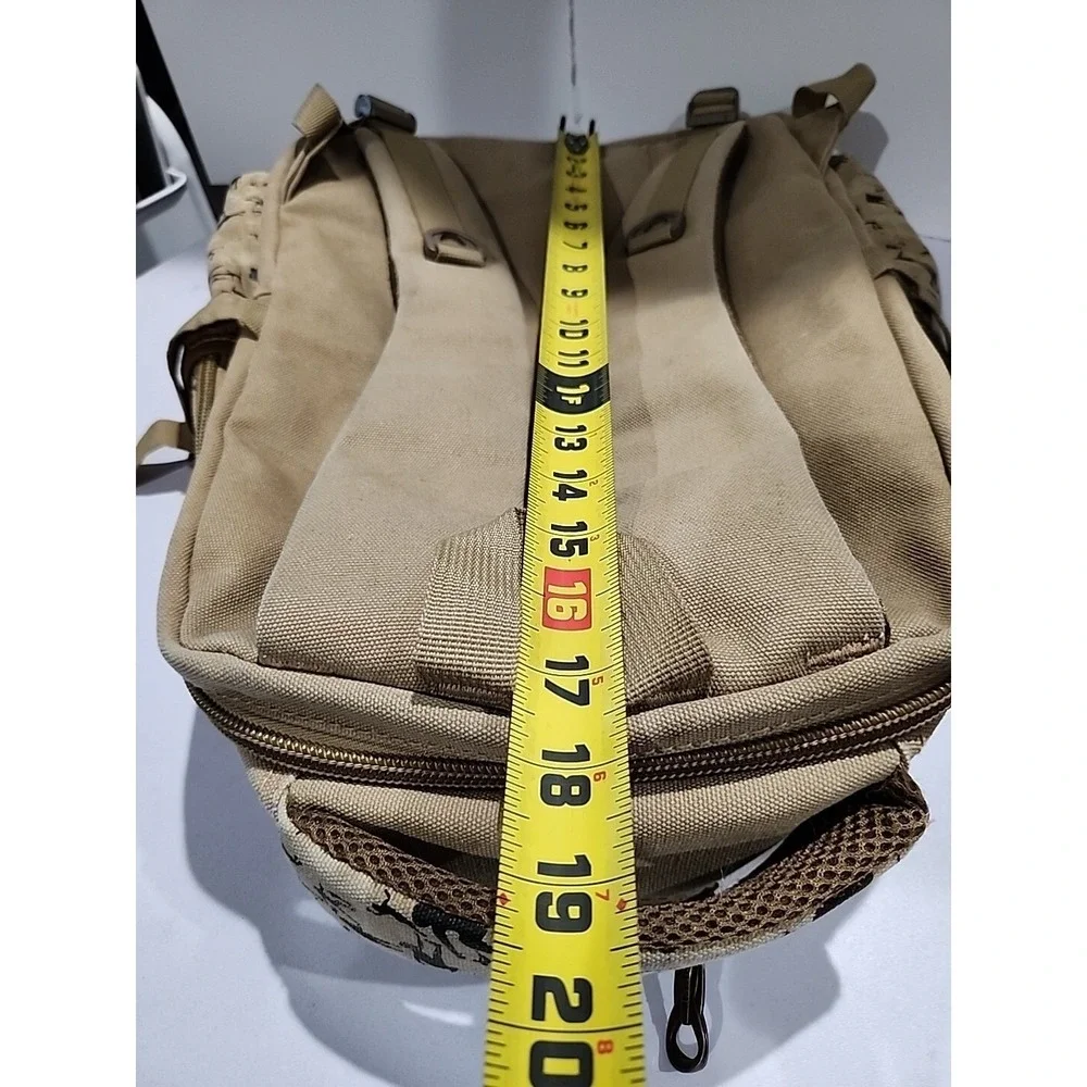 Tan Khaki Canvas Backpack Silhouette Print Multi Pocket Travel Bag